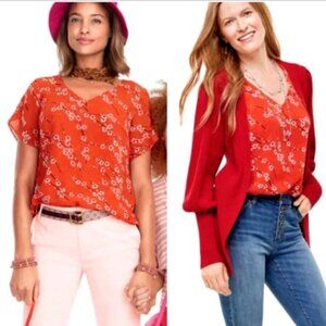CAbi 5712 Split Sleeve Top Floral Cherry Blossom Print XS Orange 29G